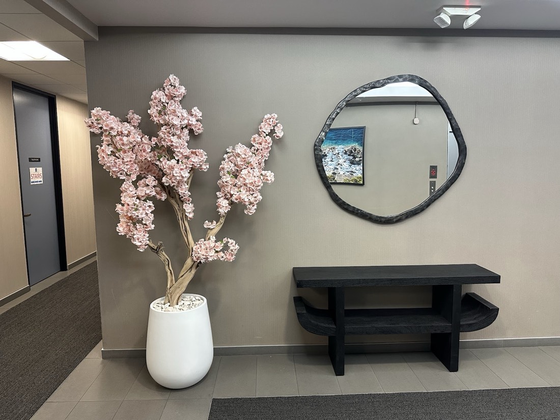 Handcrafted faux cherry blossom tree in a white egg planter beside a black console and organic mirror
