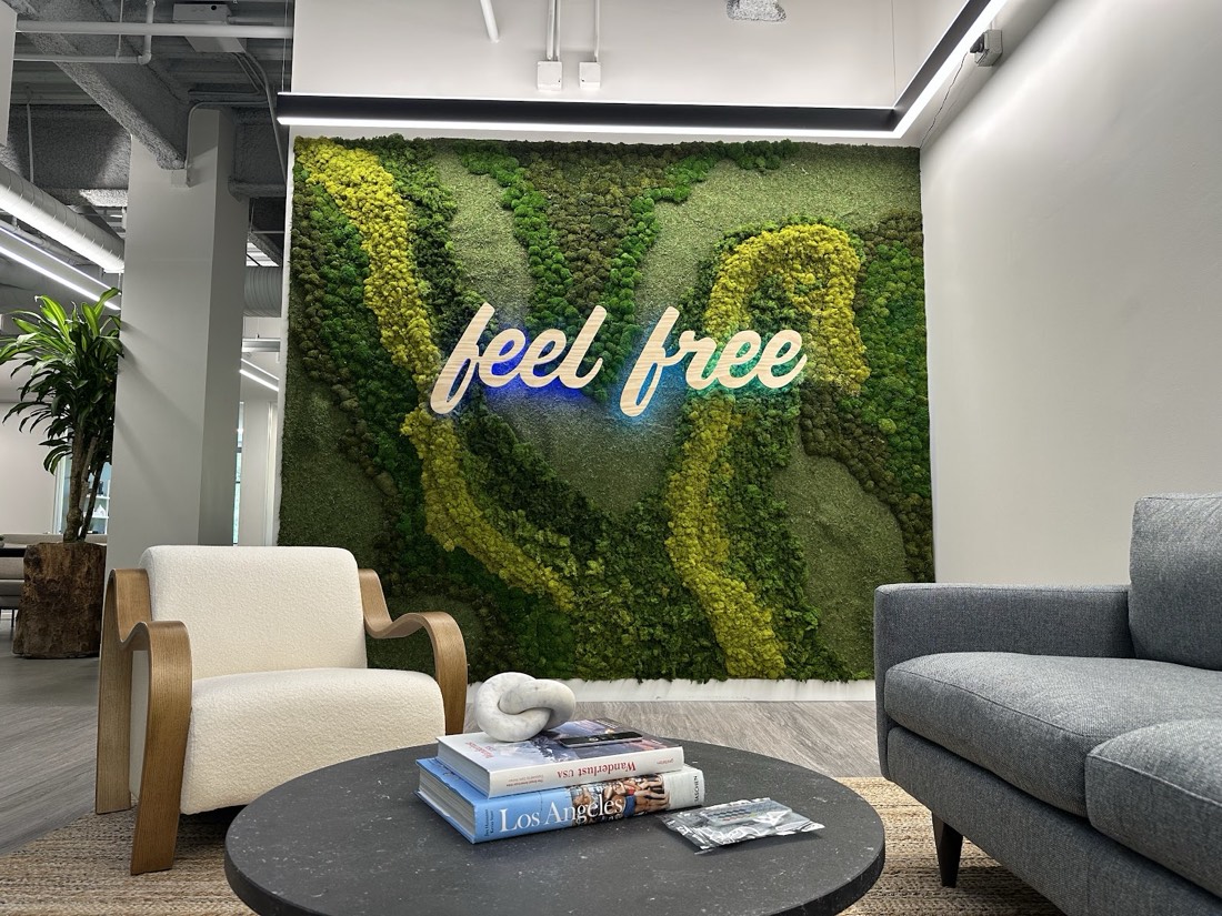 Preserved moss wall spelling out 'feel free' in an office lounge, by The Plant Artist