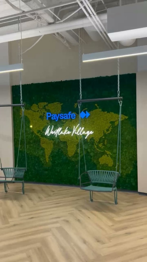 World-map preserved moss wall with company logo