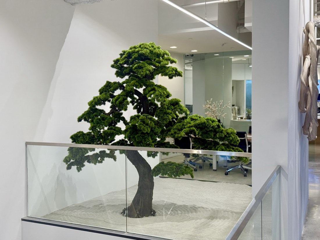 Preserved bonsai pine rising from a raked white-gravel zen garden on a glass-railed office mezzanine