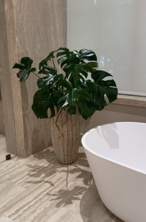 Monstera arrangement in a speckled ceramic vase beside a freestanding tub in a travertine bathroom