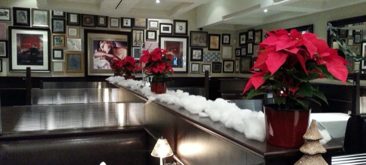 Poinsettia holiday display along restaurant booths