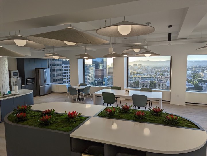 Moss-and-bromeliad planted counter tops in a penthouse break room with a sweeping LA city view